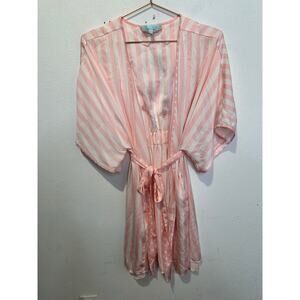 BETSY JOHNSON Pink White MRS Bridal Striped Kimono Robe Embroidered sz Medium